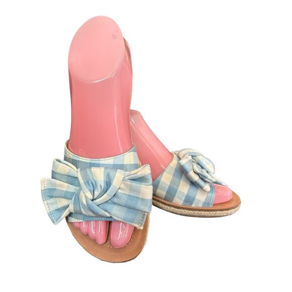 Soda Slide Sandals Blue & Cream Gingham Plaid Bows Size 5.5 Flats - Picture 1 of 7
